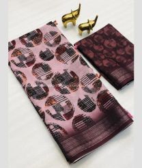 Baby Pink and Maroon color linen sarees with all over floral pattern with digital printed jari border design -LINS0003514