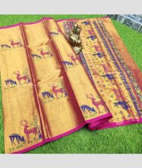 Golden and Pink color Uppada Tissue handloom saree with all over printed design -UPPI0001490