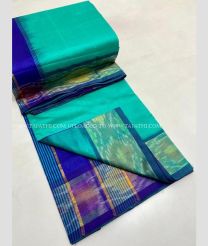 Turquoise and Royal Blue color Tripura Silk handloom saree with plain and thread woven lines with pochampally border design -TRPP0008023
