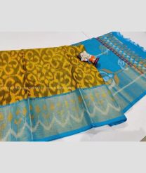 Mustard Yellow and Blue color Ikkat sico handloom saree with pochampalli ikkat design -IKSS0000335