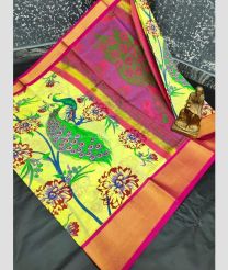 Lemon Yellow and Pink color Uppada Soft Silk handloom saree with all over peacock printed design -UPSF0004043