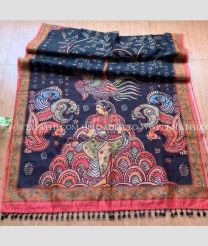 Dark Navy Blue and Coral Pink color linen sarees with all over kalamkari printed design -LINS0003590
