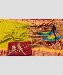 Mehndi Green and Yellow color paithani pure silk handloom saree with zari border saree design -PTNP0000045