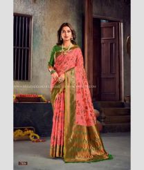 Coral Pink and Green color Banarasi sarees with menakari  with rich pallu with fancy jequard weaving blouse design -BANS0002861