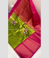 Green and Deep Pink color Chenderi silk handloom saree with all over kuppadam buties design -CNDP0015123