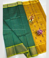 Elf Green and Mustard Yellow color Kollam Pattu handloom saree with all over checks and buties design -KOLP0001718