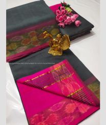 Dark Grey and Pink color Tripura Silk handloom saree with plain with pochampally border design -TRPP0008530