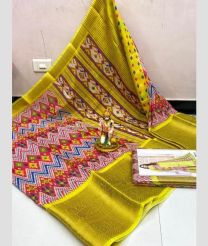 Pink and Mustard Yellow color linen sarees with all over kalamkari printed with kanchi border design -LINS0003738