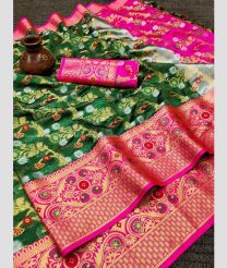 Pine Green and Pink color Lichi sarees with beautiful gold zari weaving with mina butta work design -LICH0000389