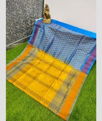 Mango Yellow and Blue color Uppada Soft Silk handloom saree with all over buties design -UPSF0004141