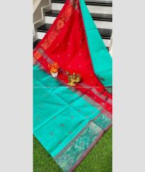 Blue Turquoise and Red color Tripura Silk handloom saree with pochampally border design -TRPP0008548
