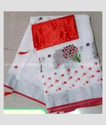 White and Red color linen sarees with all over embroidery work design -LINS0003767