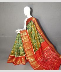 Olive and Orange color pochampally ikkat pure silk handloom saree with kanchi border design -PIKP0037196
