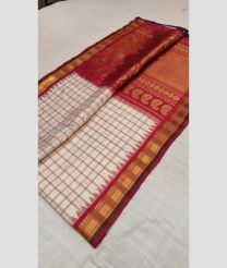 Half White and Burgundy color gadwal pattu sarees with kuthu border design -GDWP0001783