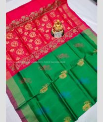 Pink and Green color Uppada Soft Silk handloom saree with all over big buties design -UPSF0002924