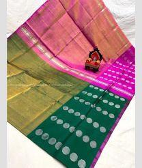 Pink and Pine Green color Uppada Tissue handloom saree with all over big buties saree design -UPPI0000323
