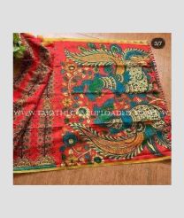 Tomato Red and Teal color linen sarees with all over kalamkari printed design -LINS0003591