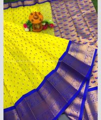 Yellow and Royal Blue color Chenderi silk handloom saree with all over muni buties with kuppadam kanchi border design -CNDP0016137