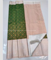 Dark Green and White color kanchi pattu handloom saree with big border saree design -KANP0005576