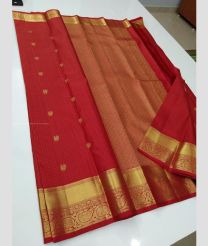 Cranberry and Golden color kanchi pattu handloom saree with all over buties with small border design -KANP0013308
