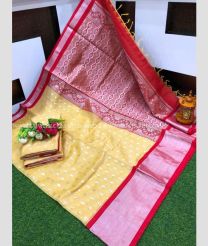 Cream and Red color Chenderi silk handloom saree with all over buties with kaddy border design -CNDP0013784