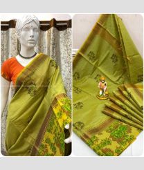Lite Green and Brown color Kora handloom saree with all over printed design -KORS0000127