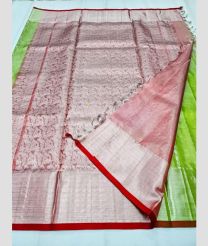 Parrot Green and Baby Pink color venkatagiri pattu handloom saree with all over silver jari design -VAGP0000863
