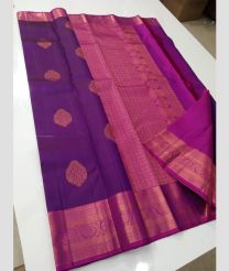 Purple and Deep Pink color kanchi pattu handloom saree with all over big buties with double warp copper jari border design -KANP0013594
