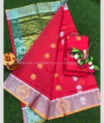 Pine Green and Red color Chenderi silk handloom saree with all over buties with silver border design -CNDP0015015