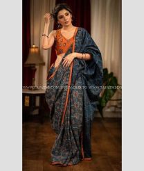 Charcoal Black and Orange color linen sarees with all over digital printed design -LINS0003693