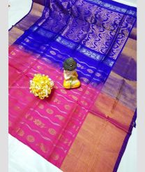 Pink and Navy Blue color uppada pattu handloom saree with all over buties and checks with kaddi border design -UPDP0021179