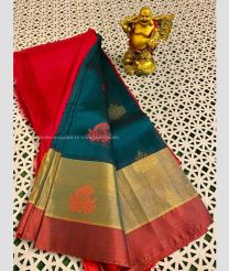 Red and Teal color Kollam Pattu handloom saree with all over zari and thread buties design -KOLP0000902