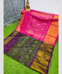 Black and Pink color Uppada Soft Silk handloom saree with all over pochampally with big border design -UPSF0003387