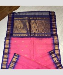 Rose Pink and Navy Blue color gadwal cotton handloom saree with all over buties with temple kuthu interlock woven border design -GAWT0000149