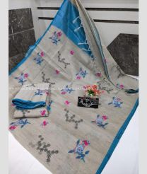 Lite Grey and Blue color linen sarees with all over thread work buties design -LINS0002992