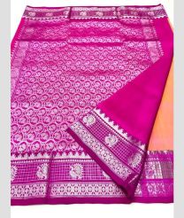 Copper and Neon Pink color venkatagiri pattu handloom saree with all over silver buties design -VAGP0000747