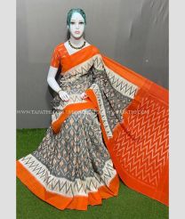 Grey and Orange color pochampally Ikkat cotton handloom saree with special marthas patterns design -PIKT0000591
