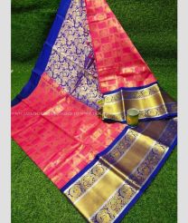 Pink and Royal Blue color Chenderi silk handloom saree with all over checks and buties design -CNDP0016174