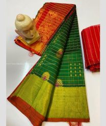 Pine Green and Red color Kollam Pattu handloom saree with all over checks and buties sarees design -KOLP0000663
