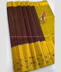 Chocolate and Yellow color kuppadam pattu handloom saree with kanchi border design -KUPP0097126