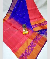 Coral Pink and Royal Blue color uppada pattu handloom saree with all over nakshtra buties with pochampally border design -UPDP0021032