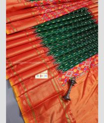 Orange and Pine Green color pochampally ikkat pure silk handloom saree with hand made ikkat with ikkat jacquard border design -PIKP0021282