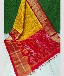 Mustard Yellow and Red color Ikkat sico handloom saree with ikkat design -IKSS0000402