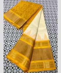 Cream and Golden Yellow color kuppadam pattu handloom saree with plain with big temple and rudraksha kanchi border design -KUPP0096804