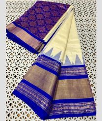 Cream and Royal Blue color kuppadam pattu handloom saree with plain with big temple and rudraksha kanchi border design -KUPP0096806