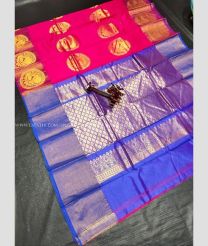 Deep Pink and Blue color Chenderi silk handloom saree with all over big peacock buties saree design -CNDP0010438