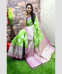 Parrot Green and Baby Pink color Kora handloom saree with printed design saree -KORS0000029