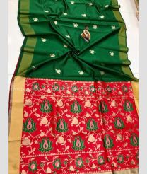 Pine Green and Red color Banarasi sarees with all over big buties saree design -BANS0000916