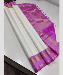 Half White and Neon Pink color kanchi pattu handloom saree with plain with 2g pure jari korvai border design -KANP0013073