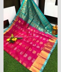 Pink and Turquoise color kuppadam pattu handloom saree with all over buttas design -KUPP0097160
